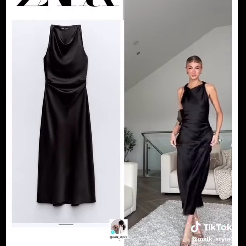 Zara Black Satin Draped Halter Midi Dress